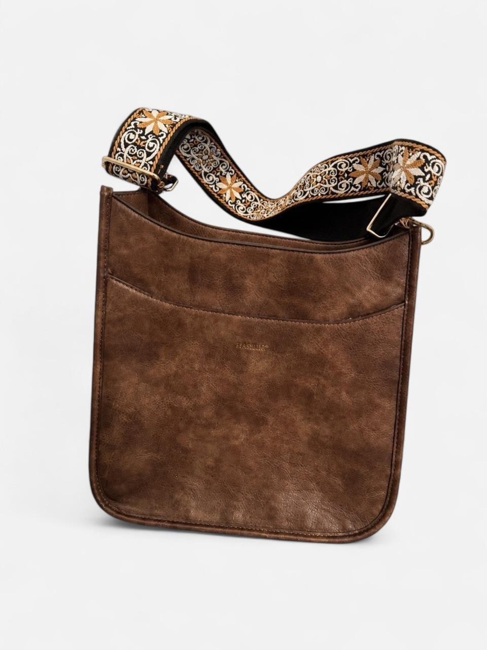Staccato Brown Faux-Leather Crossbody with Embroidered Strap